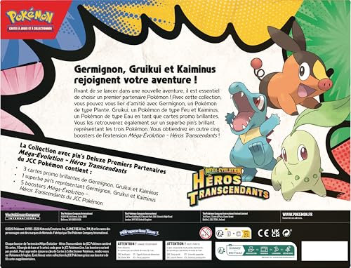 Pokémon : Collection avec pin’s Deluxe Premiers Partenaires Méga-Évolution – Héros Transcendants (3 Cartes Promo Brillantes, 1 pin’s Deluxe et 5 boosters)