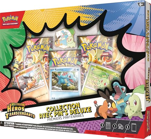 Pokémon : Collection avec pin’s Deluxe Premiers Partenaires Méga-Évolution – Héros Transcendants (3 Cartes Promo Brillantes, 1 pin’s Deluxe et 5 boosters)