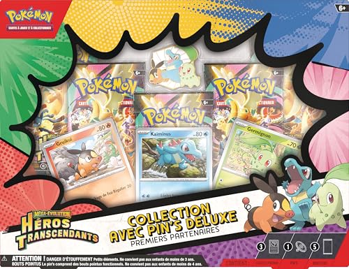 Pokémon : Collection avec pin’s Deluxe Premiers Partenaires Méga-Évolution – Héros Transcendants (3 Cartes Promo Brillantes, 1 pin’s Deluxe et 5 boosters)