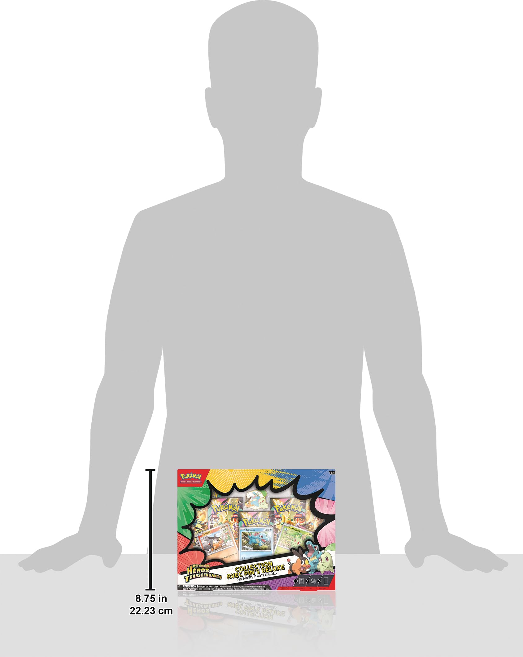 Pokémon : Collection avec pin’s Deluxe Premiers Partenaires Méga-Évolution – Héros Transcendants (3 Cartes Promo Brillantes, 1 pin’s Deluxe et 5 boosters)