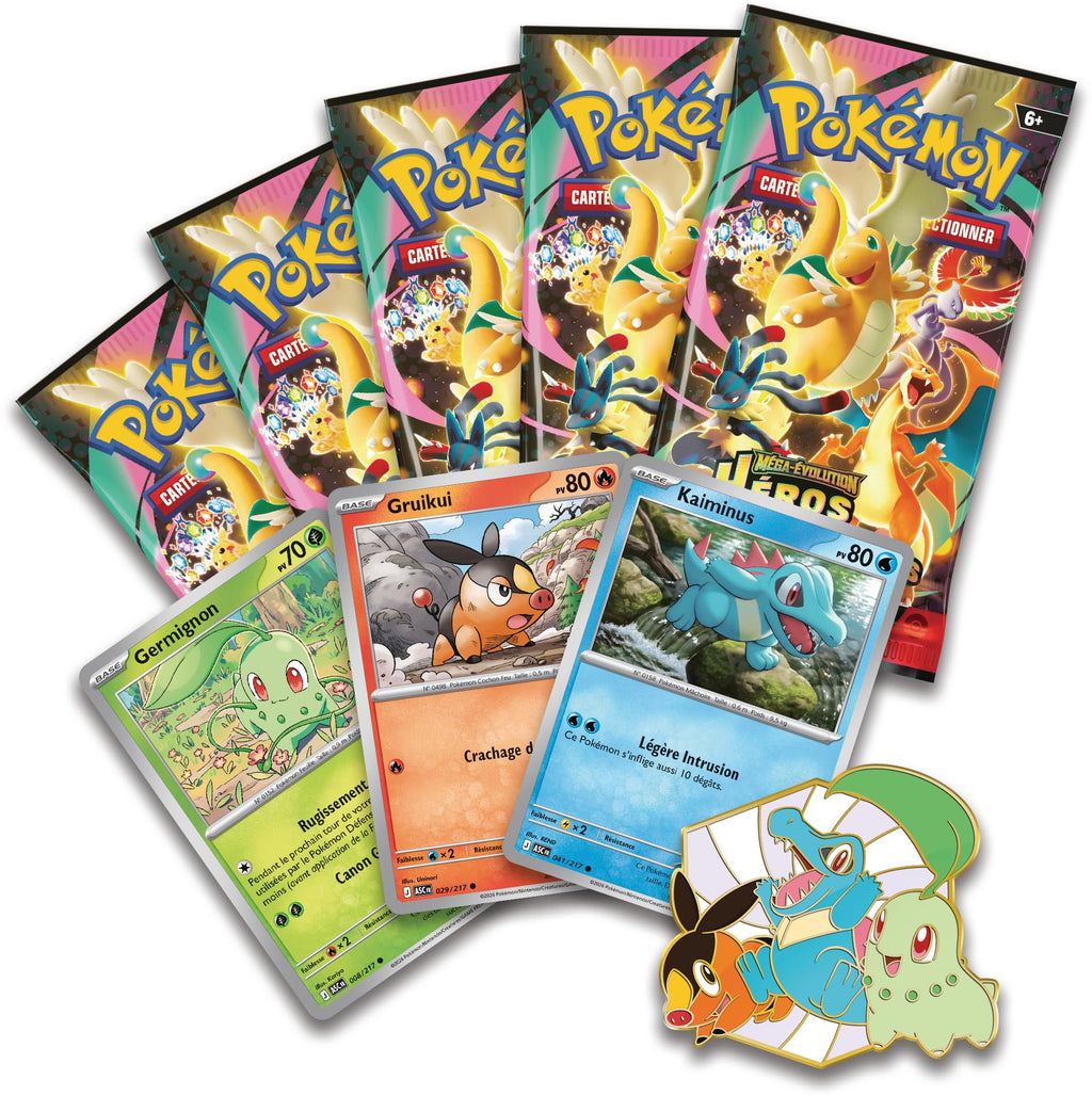 Pokémon : Collection avec pin’s Deluxe Premiers Partenaires Méga-Évolution – Héros Transcendants (3 Cartes Promo Brillantes, 1 pin’s Deluxe et 5 boosters)