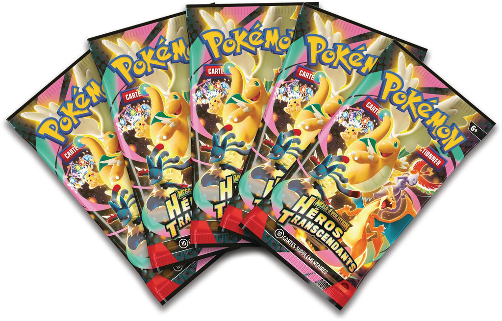 Pokémon : Collection avec pin’s Deluxe Premiers Partenaires Méga-Évolution – Héros Transcendants (3 Cartes Promo Brillantes, 1 pin’s Deluxe et 5 boosters)